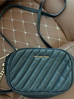 Michael Kors Black Quilted Crossbody with Gold Logo